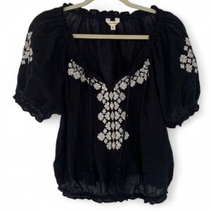 Lucky Brand Black Boho Floral Embroidered Puff Sleeve Peasant Top